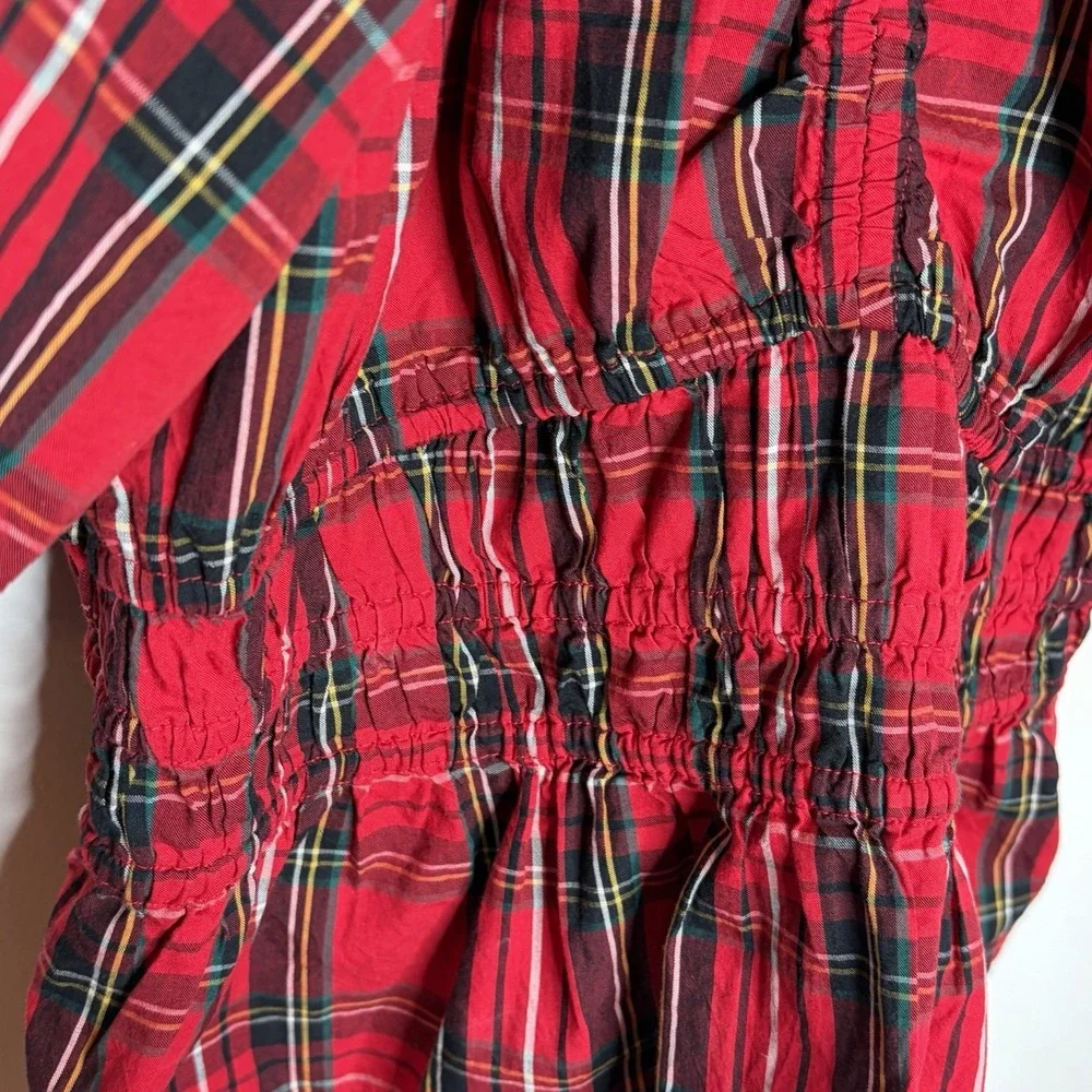 Old Navy Tartan Plaid Puff Sleeve Top Womens M Preppy Holiday Heritage Peplum